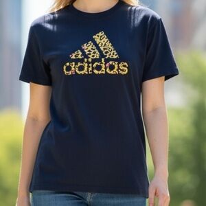 Adidas Women's Top Navy Blue Legend Ink T-Shirt Animal Print Logo Size Large NWT